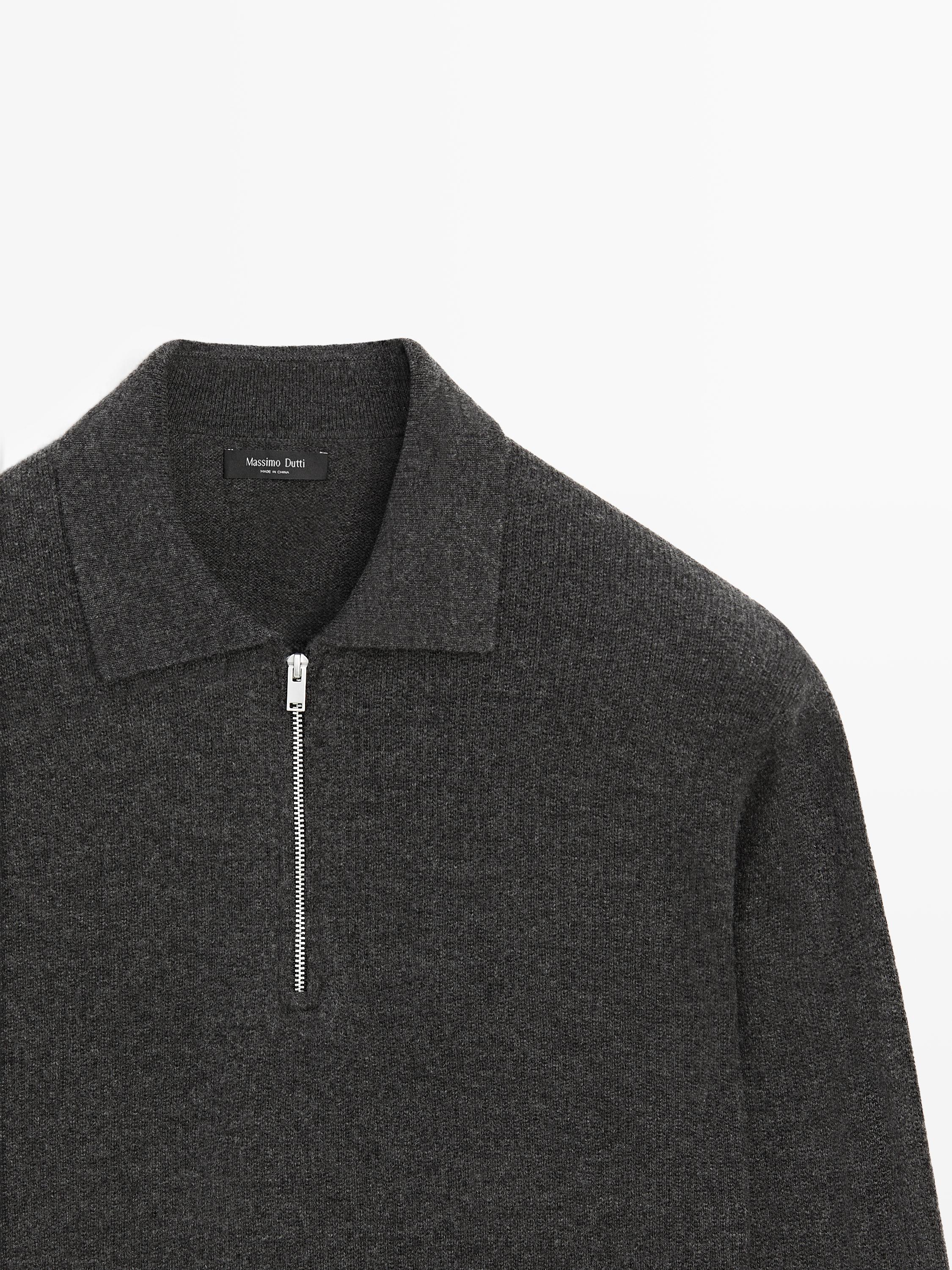 Knit wool blend polo sweater with zip